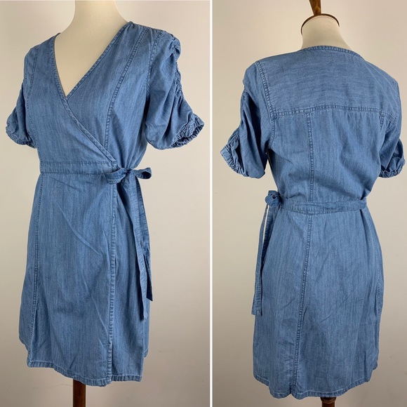 Madewell Denim Shirred-Sleeve Wrap Dress Chambray - Picture 2 of 8